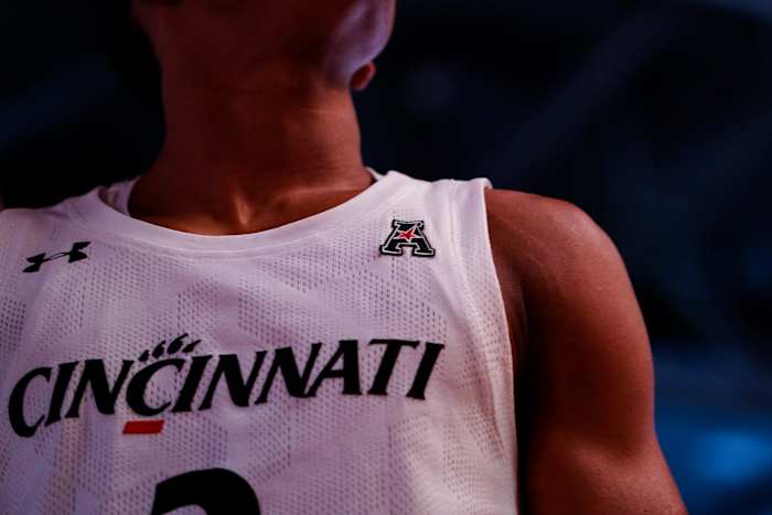 Dec 3, 2019; Cincinnati, OH, USA; A view of the American Athletic Conference logo on a Cincinnati Bearcats jersey prior to the game against the Vermont Catamounts at Fifth Third Arena. Mandatory Credit: Aaron Doster-USA TODAY Sports
